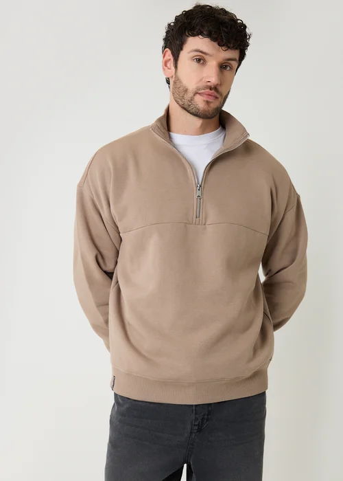 Threadbare Taupe Half Zip Sweatshirt - M Image 1