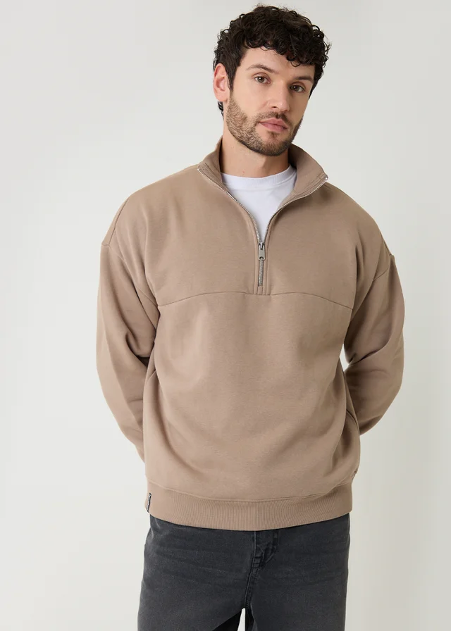 Threadbare Taupe Half Zip Sweatshirt