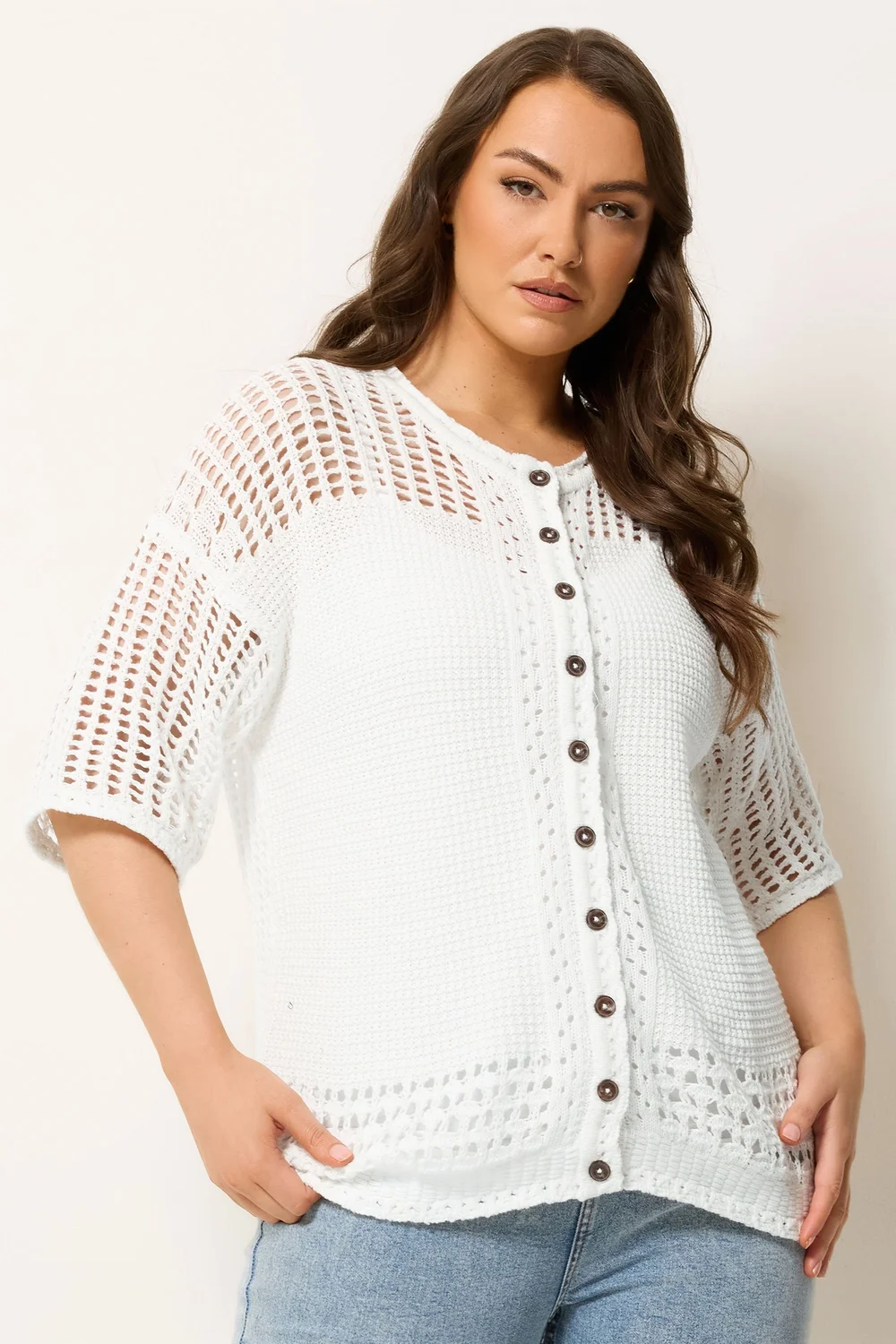 Yours Curve Ivory White Open Stitch Cardigan - 14-16 Image 1