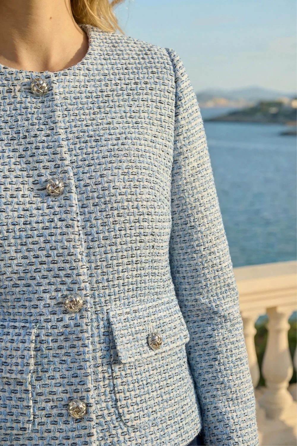 Roman Blue Collarless Boucle Jacket - 16 Image 4