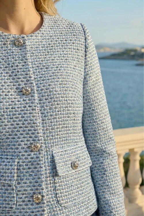 Roman Blue Collarless Boucle Jacket - 16 Image 4