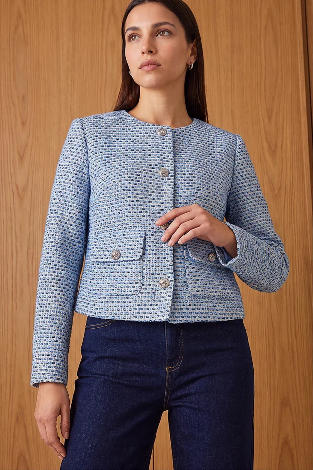 Roman Blue Collarless Boucle Jacket