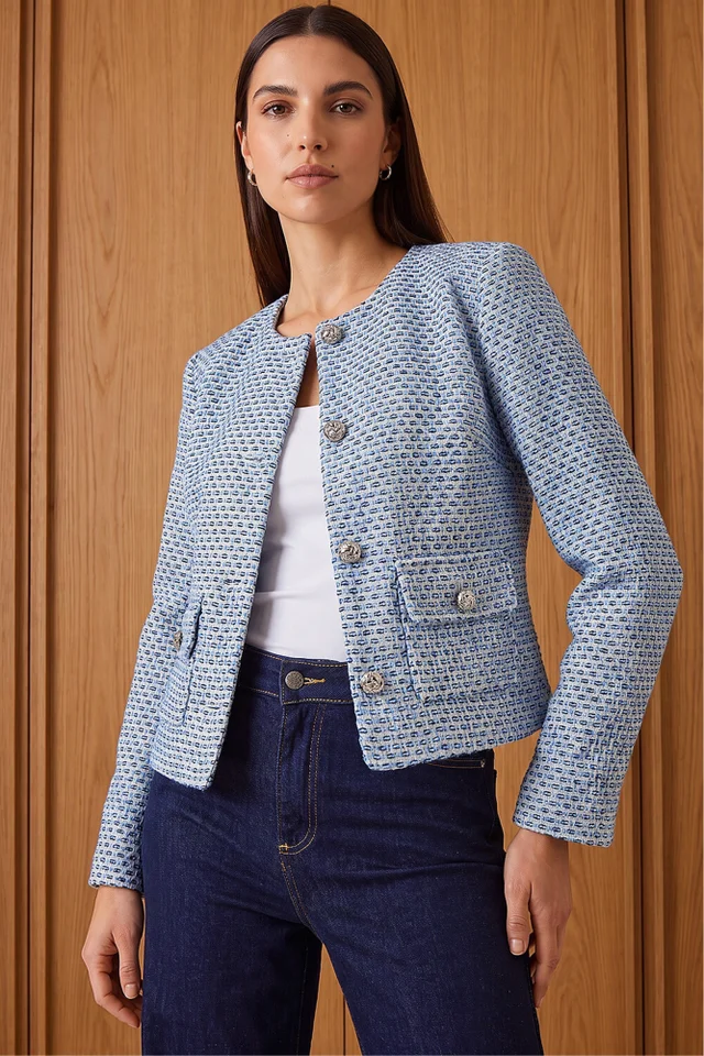 Roman Blue Collarless Boucle Jacket