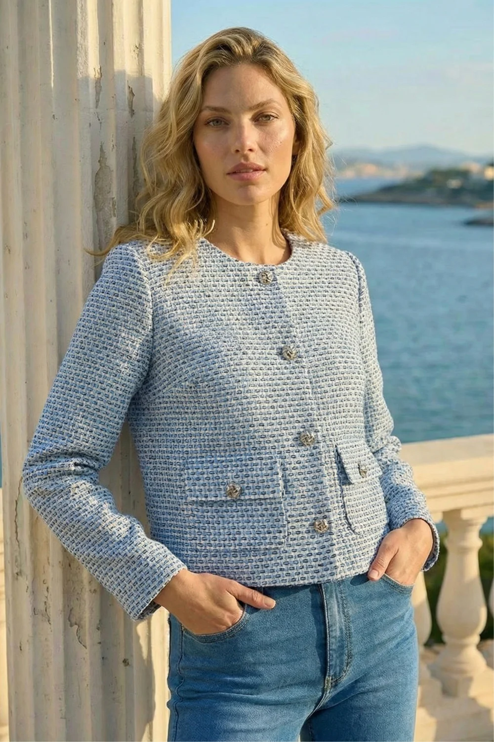 Roman Blue Collarless Boucle Jacket - 16 Image 1