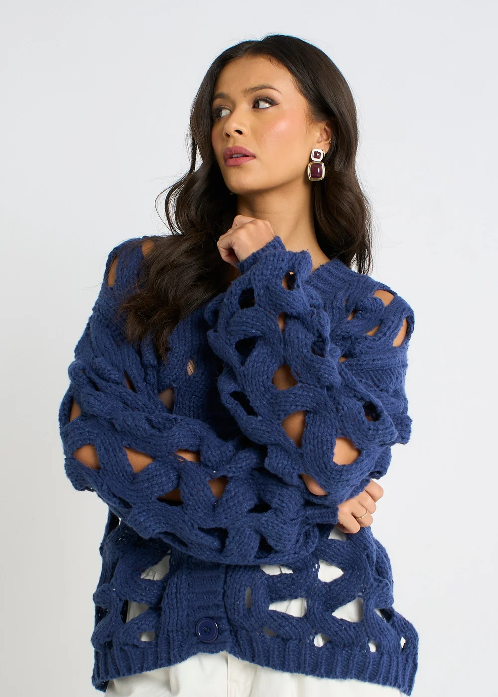 Gini London Navy Hollow Chunky Knit Cardigan - L/XL Image 3