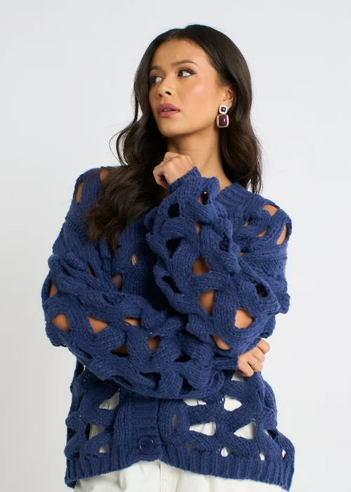 Gini London Navy Hollow Chunky Knit Cardigan - L/XL Image 3