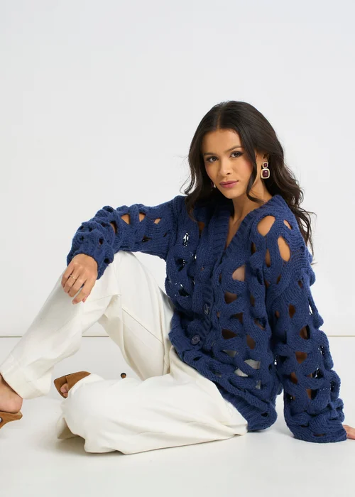 Gini London Navy Hollow Chunky Knit Cardigan - L/XL Image 4