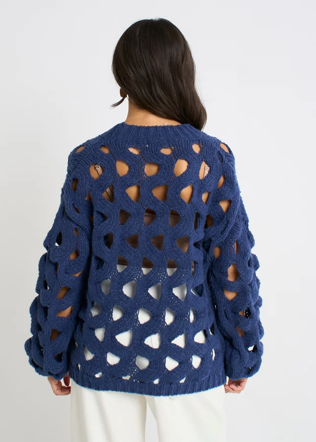 Gini London Navy Hollow Chunky Knit Cardigan