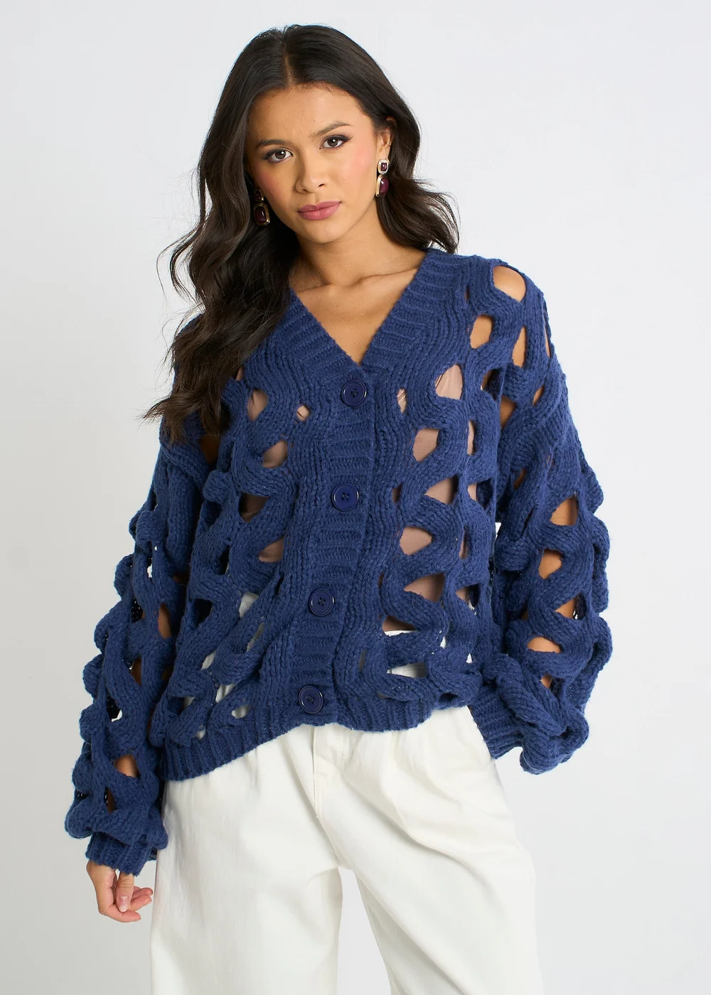 Gini London Navy Hollow Chunky Knit Cardigan - L/XL Image 1