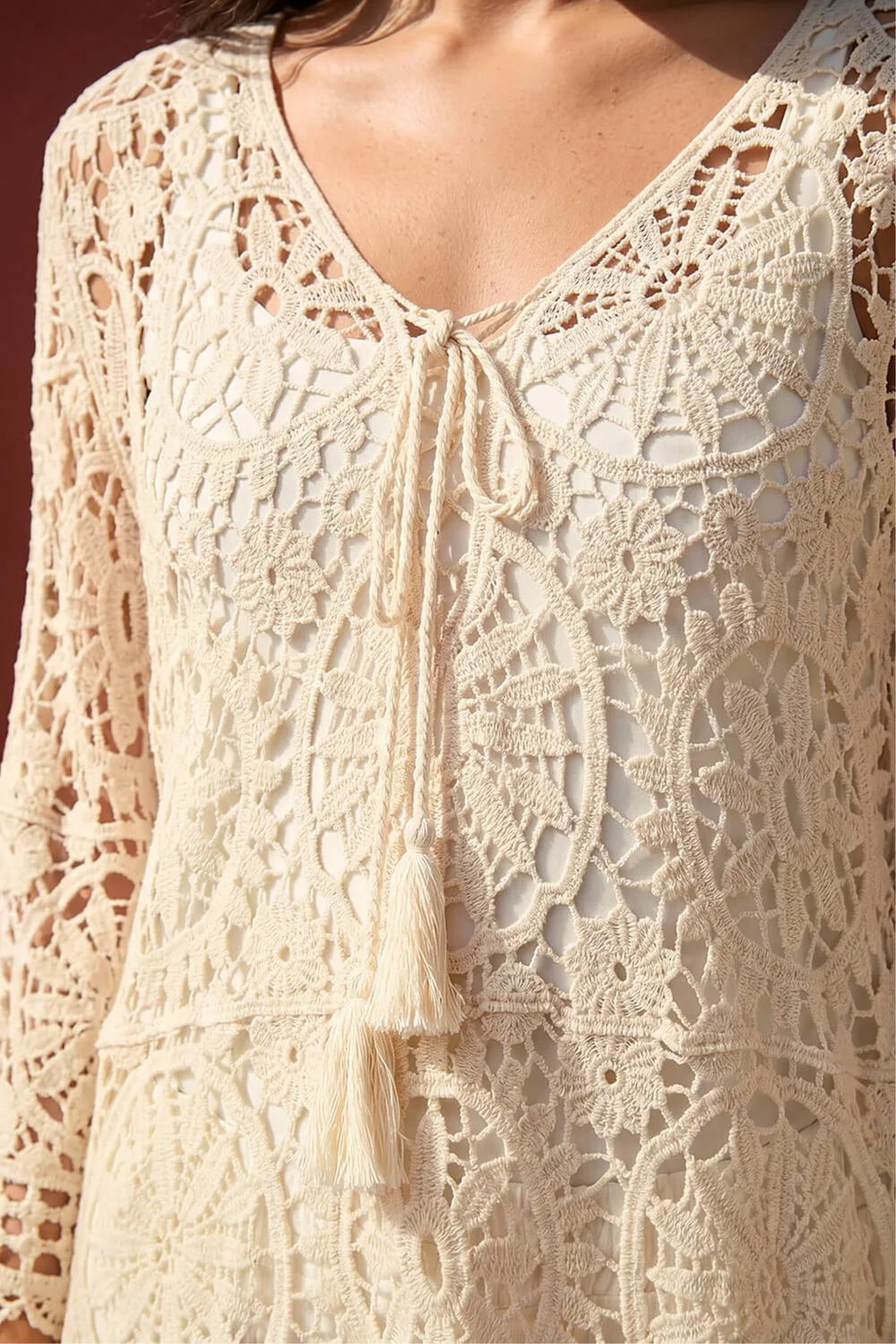 Roman Natural Crochet Tie Front Knit Tunic - S Image 4