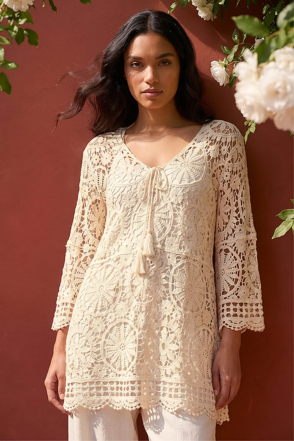 Roman Natural Crochet Tie Front Knit Tunic - S Image 2