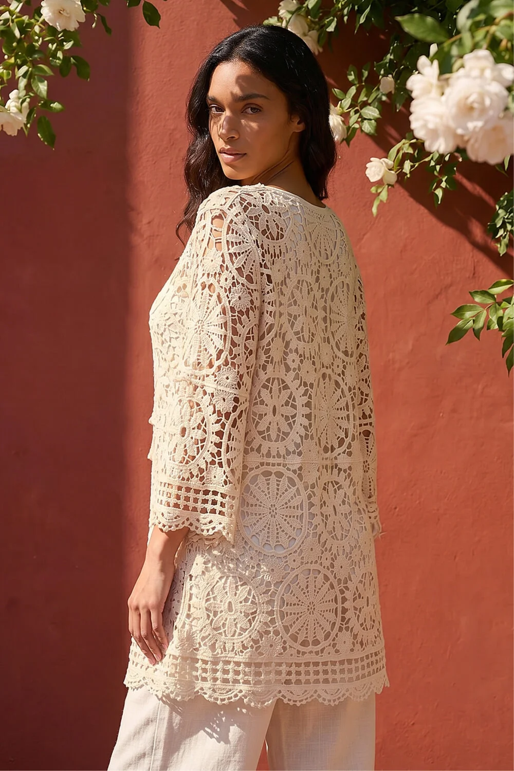 Roman Natural Crochet Tie Front Knit Tunic - S Image 3