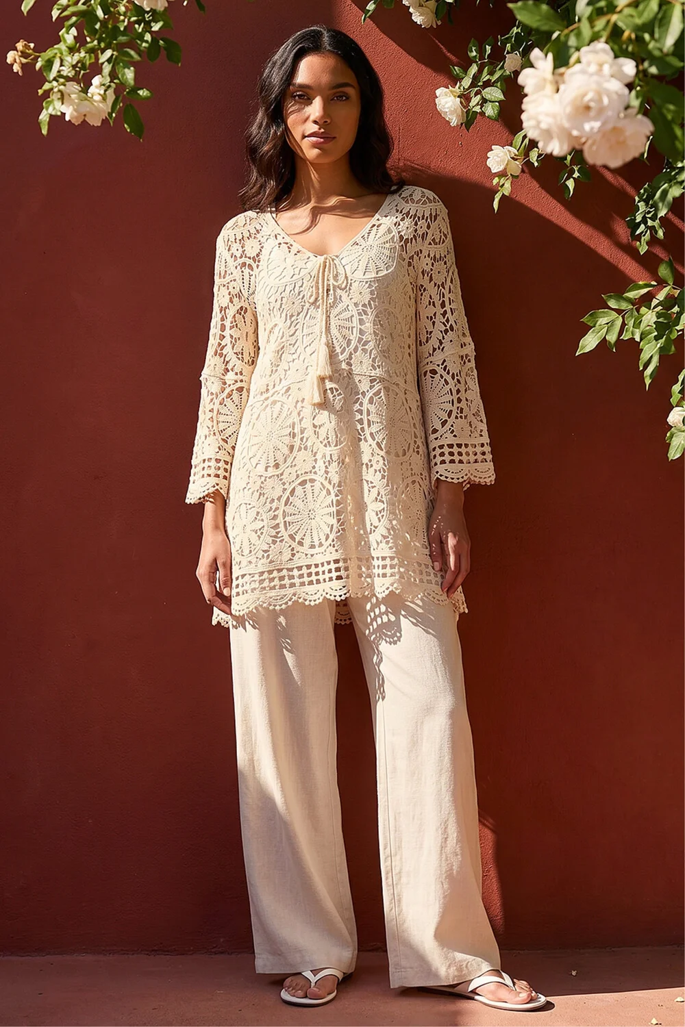 Roman Natural Crochet Tie Front Knit Tunic - S Image 1