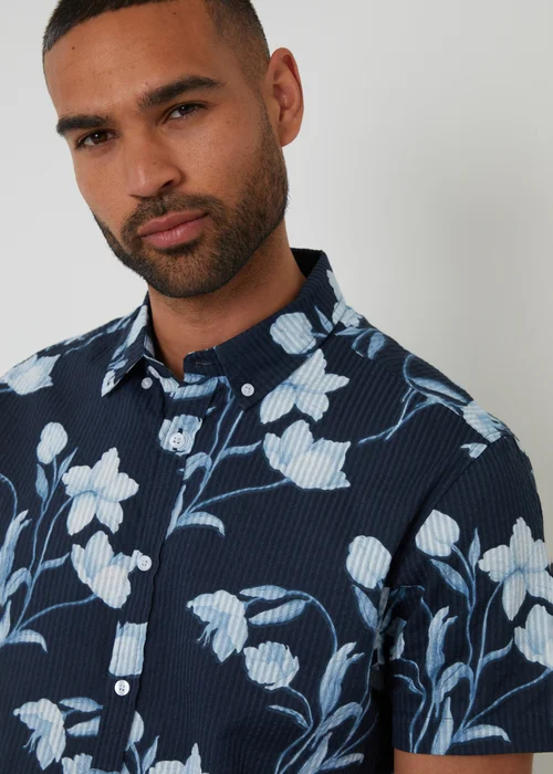 Threadbare Navy Floral Print Short Sleeve Cotton Shirt - L Image 4
