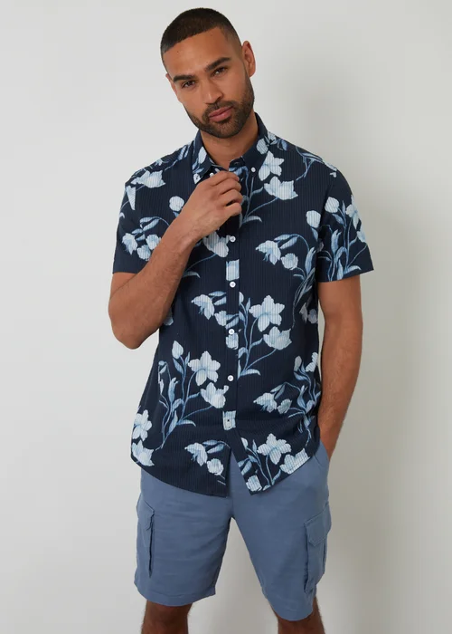 Threadbare Navy Floral Print Short Sleeve Cotton Shirt - L Image 1