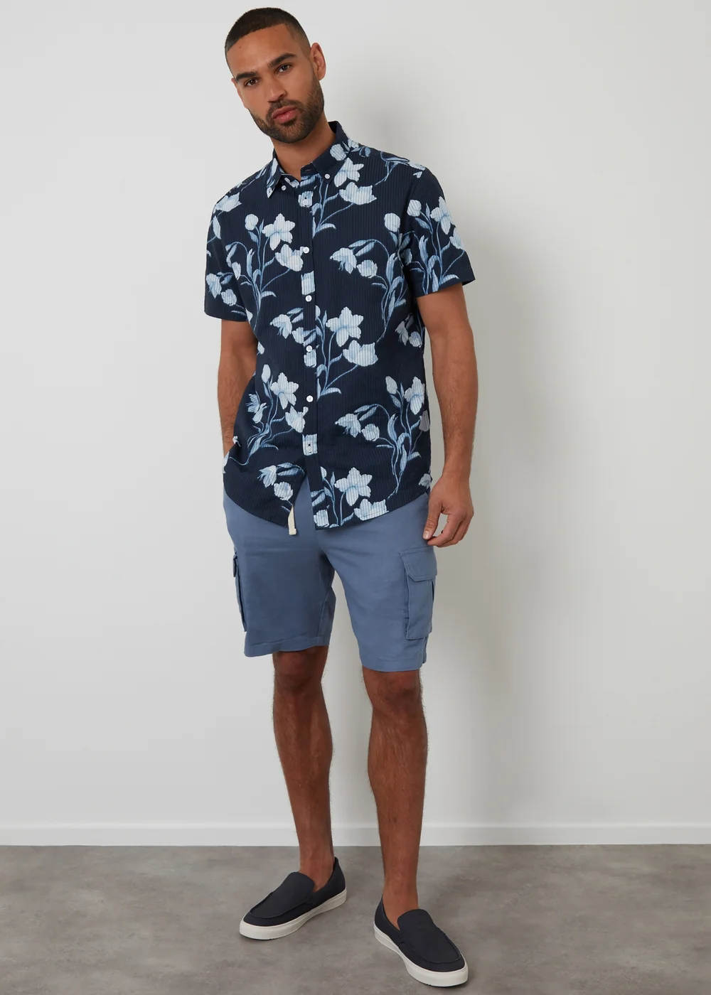 Threadbare Navy Floral Print Short Sleeve Cotton Shirt - L Image 3