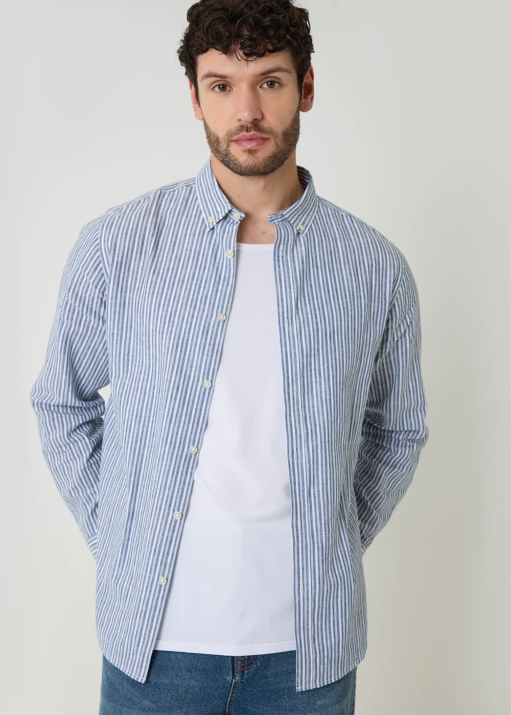 Threadbare Blue Stripe Linen Cotton Blend Long Sleeve Shirt - 2XL Image 1