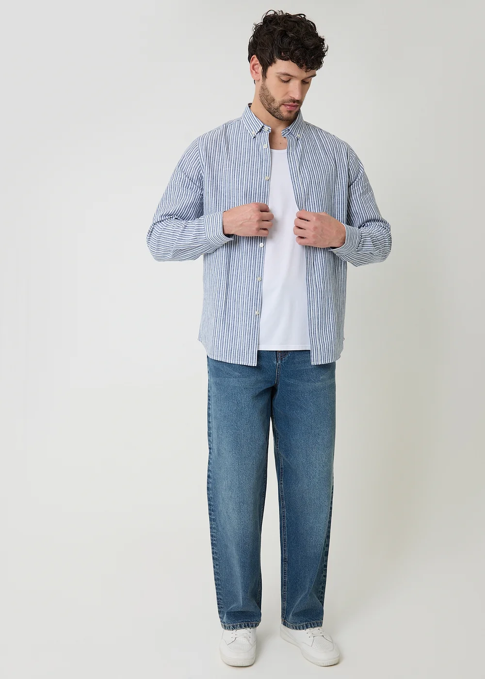 Threadbare Blue Stripe Linen Cotton Blend Long Sleeve Shirt - 2XL Image 4