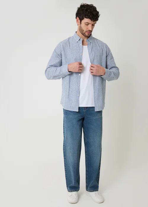 Threadbare Blue Stripe Linen Cotton Blend Long Sleeve Shirt - 2XL Image 4