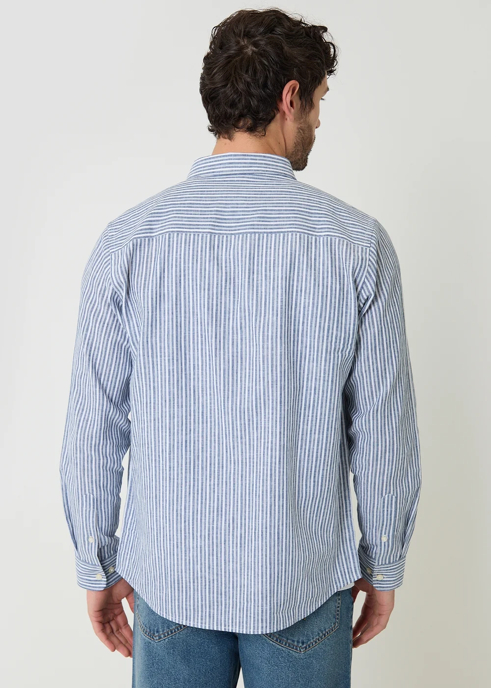 Threadbare Blue Stripe Linen Cotton Blend Long Sleeve Shirt - 2XL Image 2