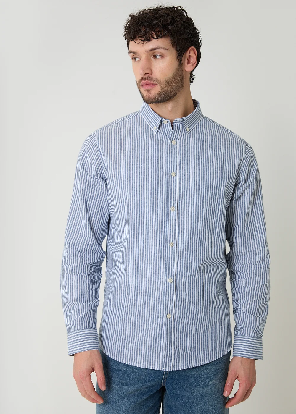 Threadbare Blue Stripe Linen Cotton Blend Long Sleeve Shirt - 2XL Image 5
