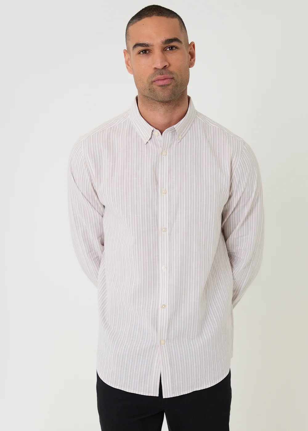 Threadbare Stone Stripe Linen Cotton Blend Long Sleeve Shirt - M Image 1