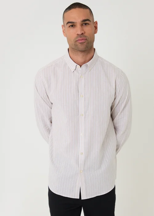 Threadbare Stone Stripe Linen Cotton Blend Long Sleeve Shirt - M Image 1