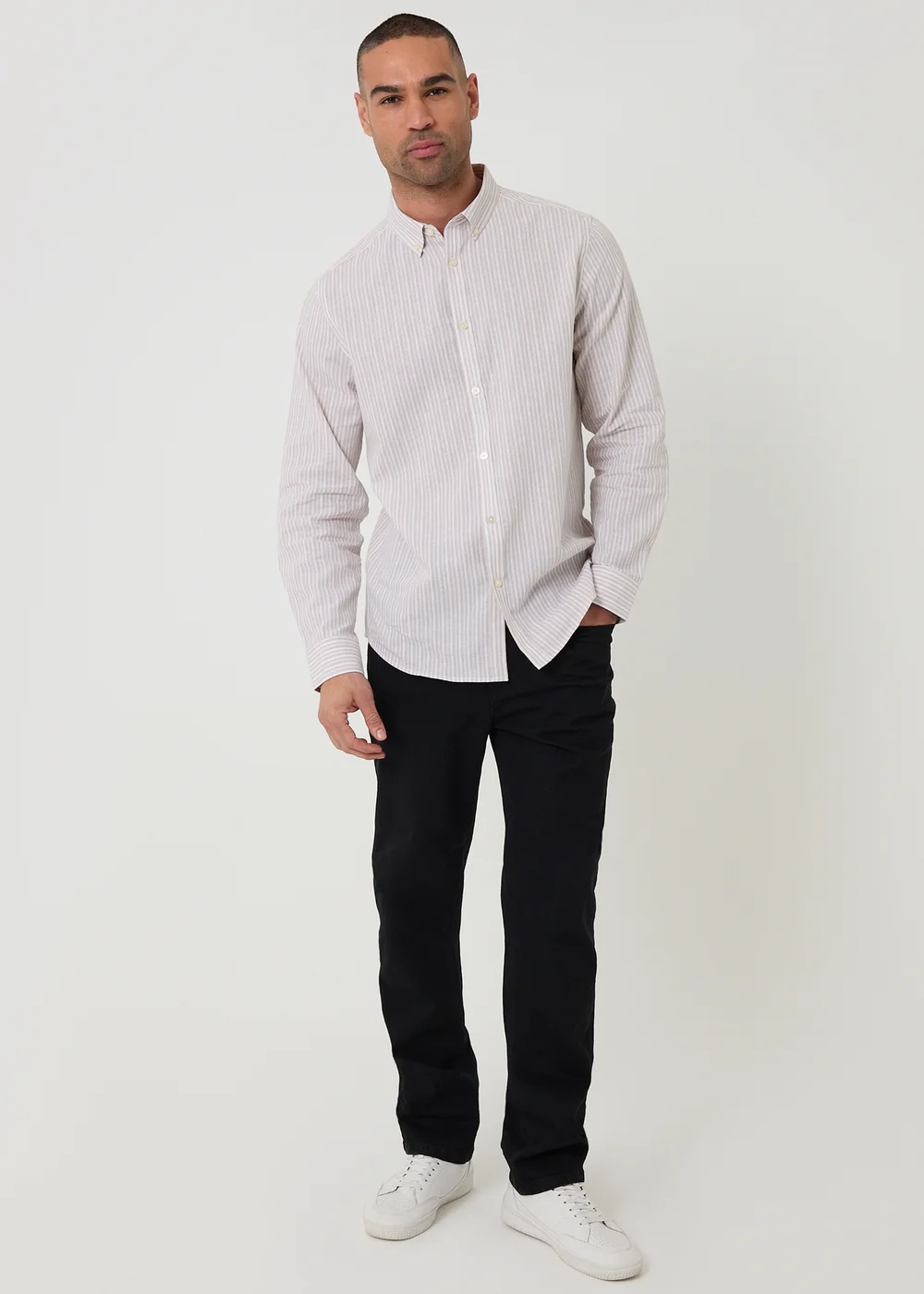 Threadbare Stone Stripe Linen Cotton Blend Long Sleeve Shirt - M Image 3