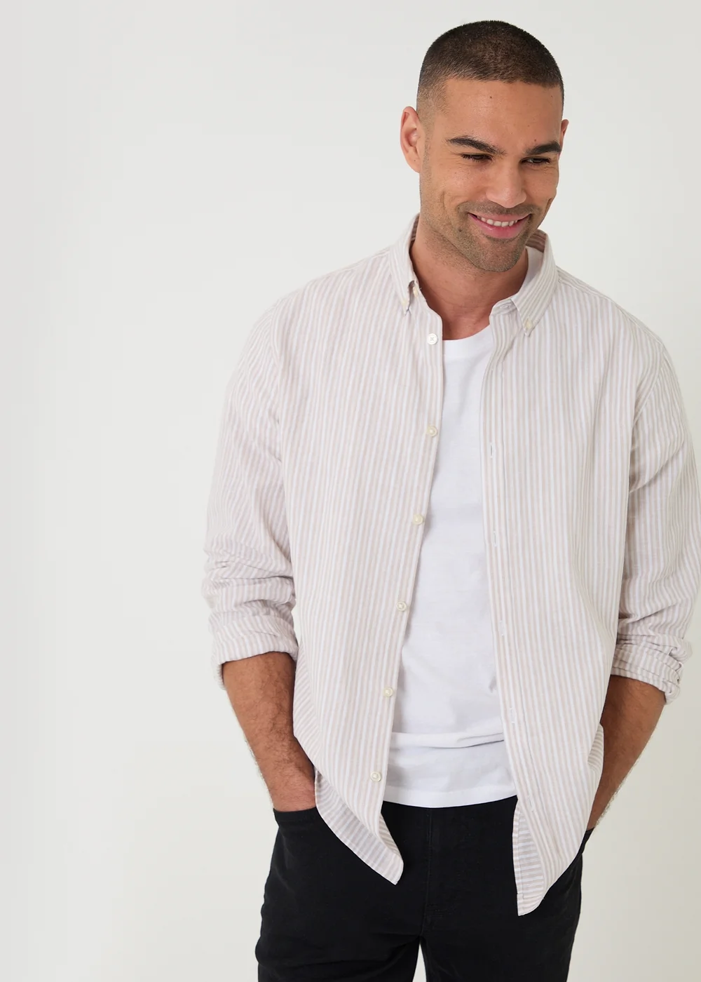 Threadbare Stone Stripe Linen Cotton Blend Long Sleeve Shirt - M Image 4