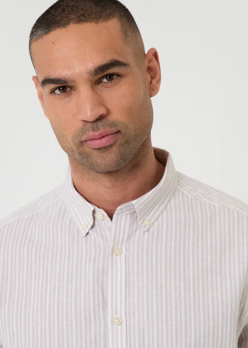 Threadbare Stone Stripe Linen Cotton Blend Long Sleeve Shirt - M Image 5