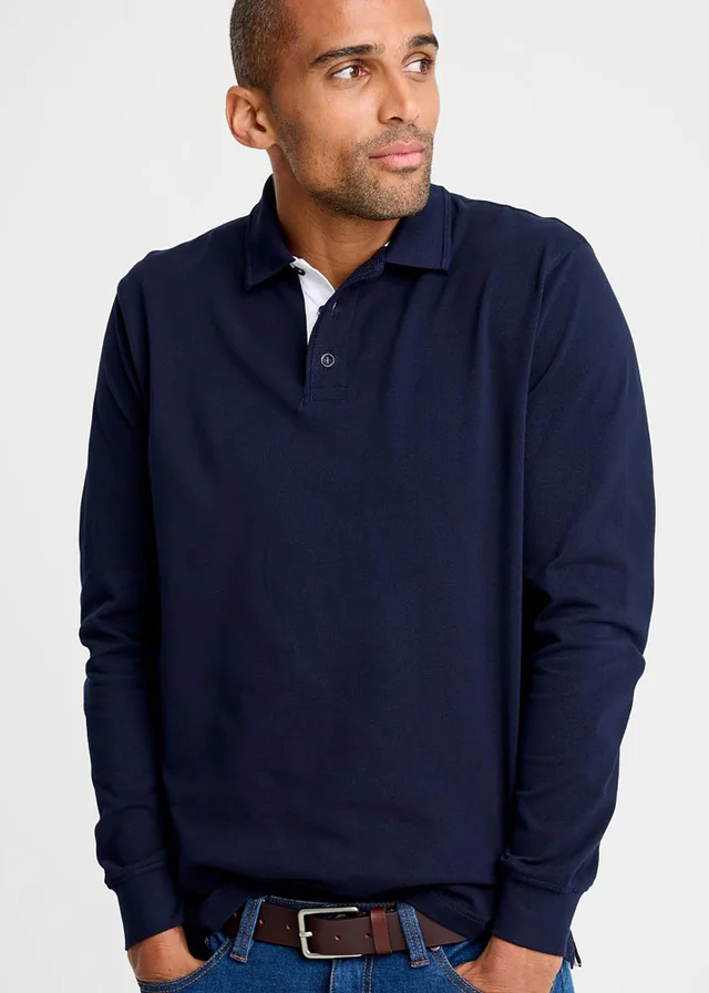 Cotton Traders Navy Long Sleeve Polo Shirt