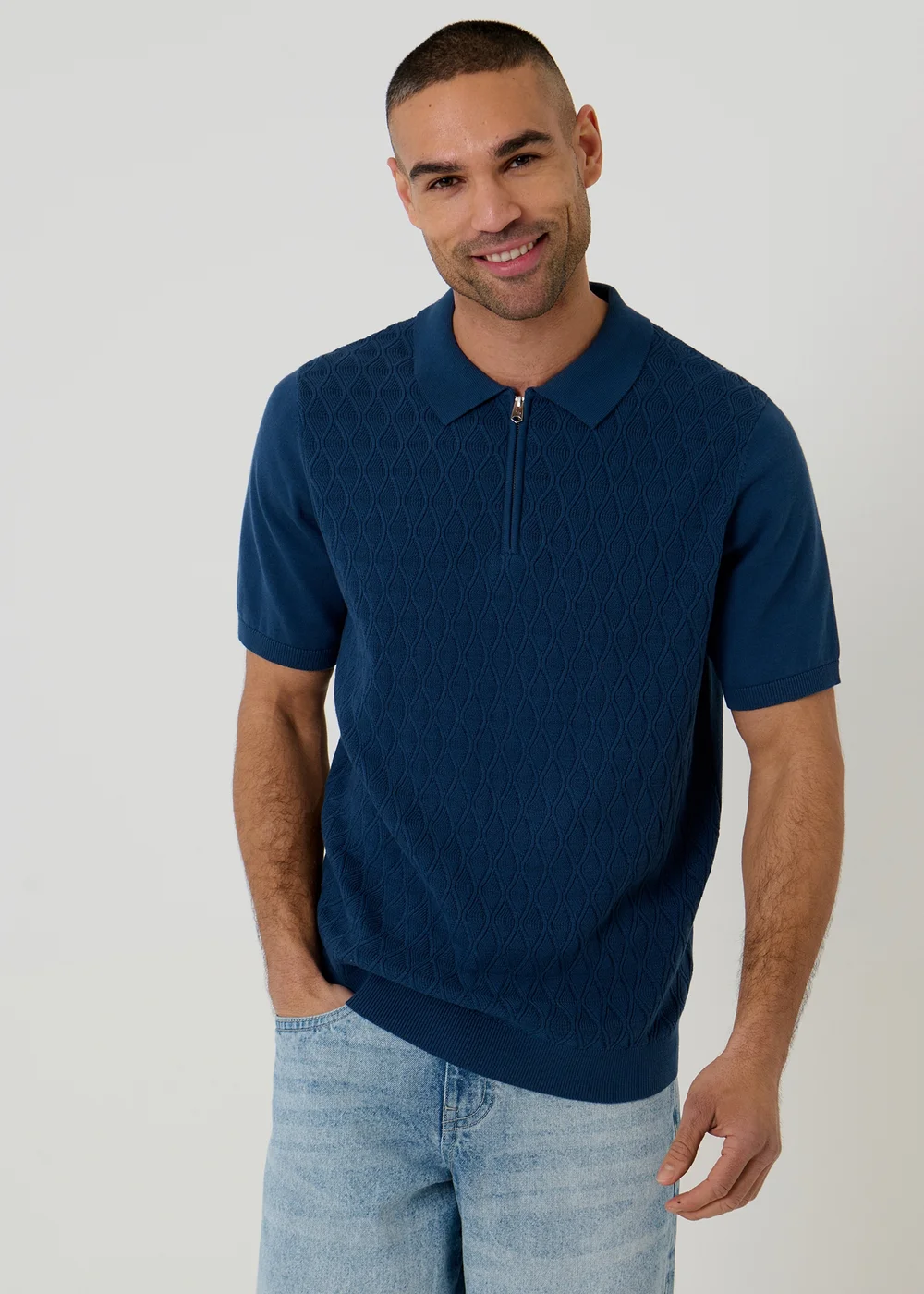 Threadbare Blue Diamond Cable Knit Quarter Zip Polo - M Image 1