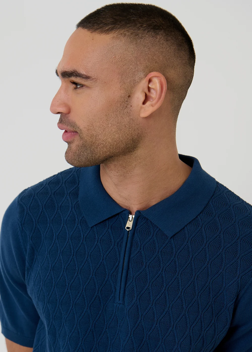 Threadbare Blue Diamond Cable Knit Quarter Zip Polo - M Image 4
