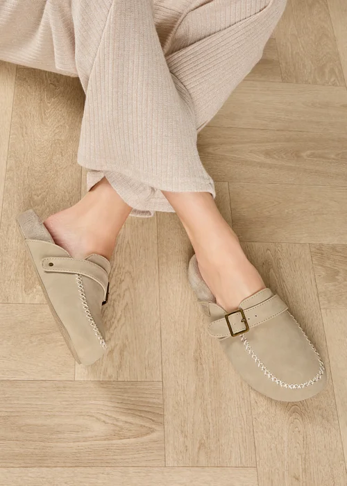 Totes Isotoner Stone Suedette Open Back Moccasin Slippers - Size 5 Image 1