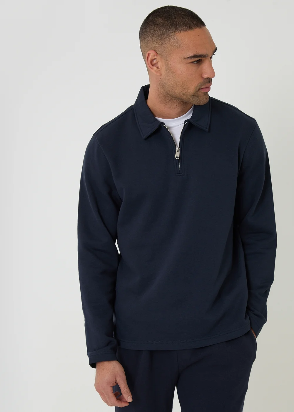 Threadbare Navy Quarter Zip Long Sleeve Polo Sweatshirt - S Image 1