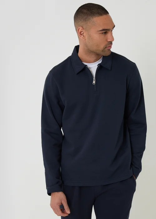 Threadbare Navy Quarter Zip Long Sleeve Polo Sweatshirt - S Image 1