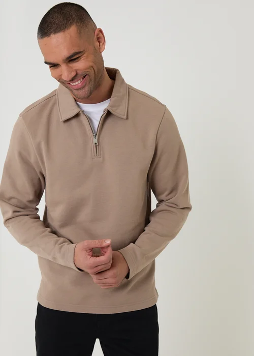 Threadbare Taupe Quarter Zip Long Sleeve Polo Sweatshirt - 2XL Image 1