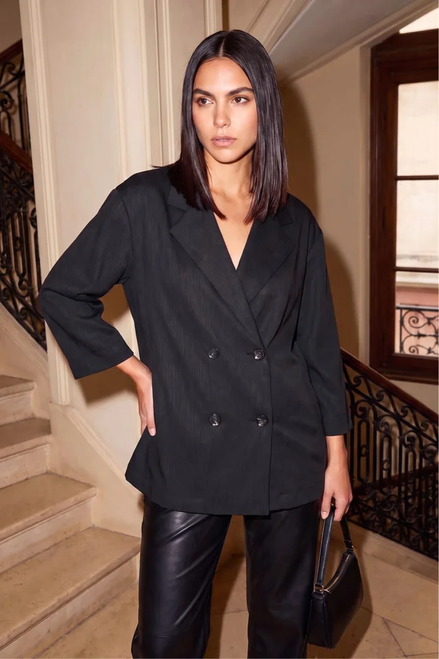 Roman Black Relaxed Textured Blazer
