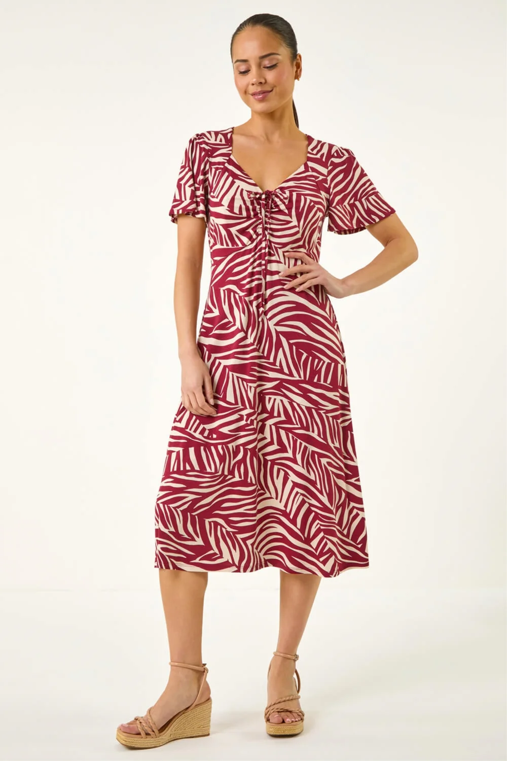 Roman Wine Petite Animal Stretch Gathered Midi Dress - 18 Image 2