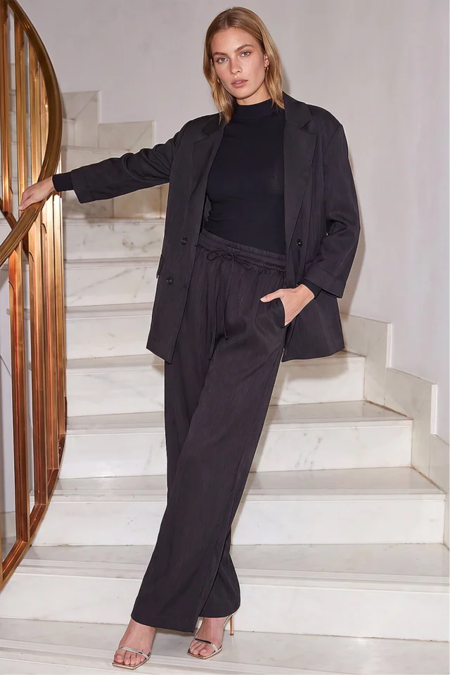 Roman Black Textured Wide Leg Trouser