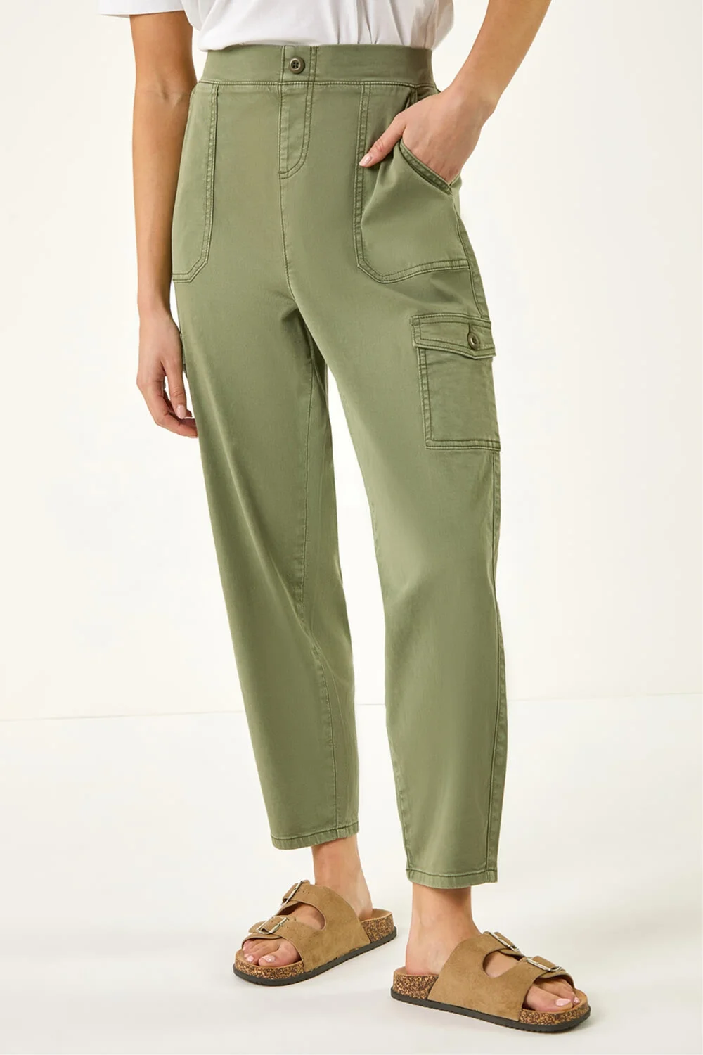 Roman Sage Petite Cotton Cargo Stretch Trousers - 12 Image 4