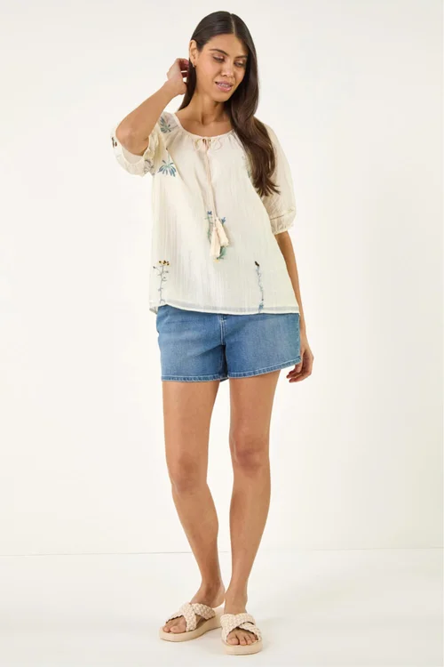 Roman White Botanical Embroidery Keyhole Top - 14 Image 2