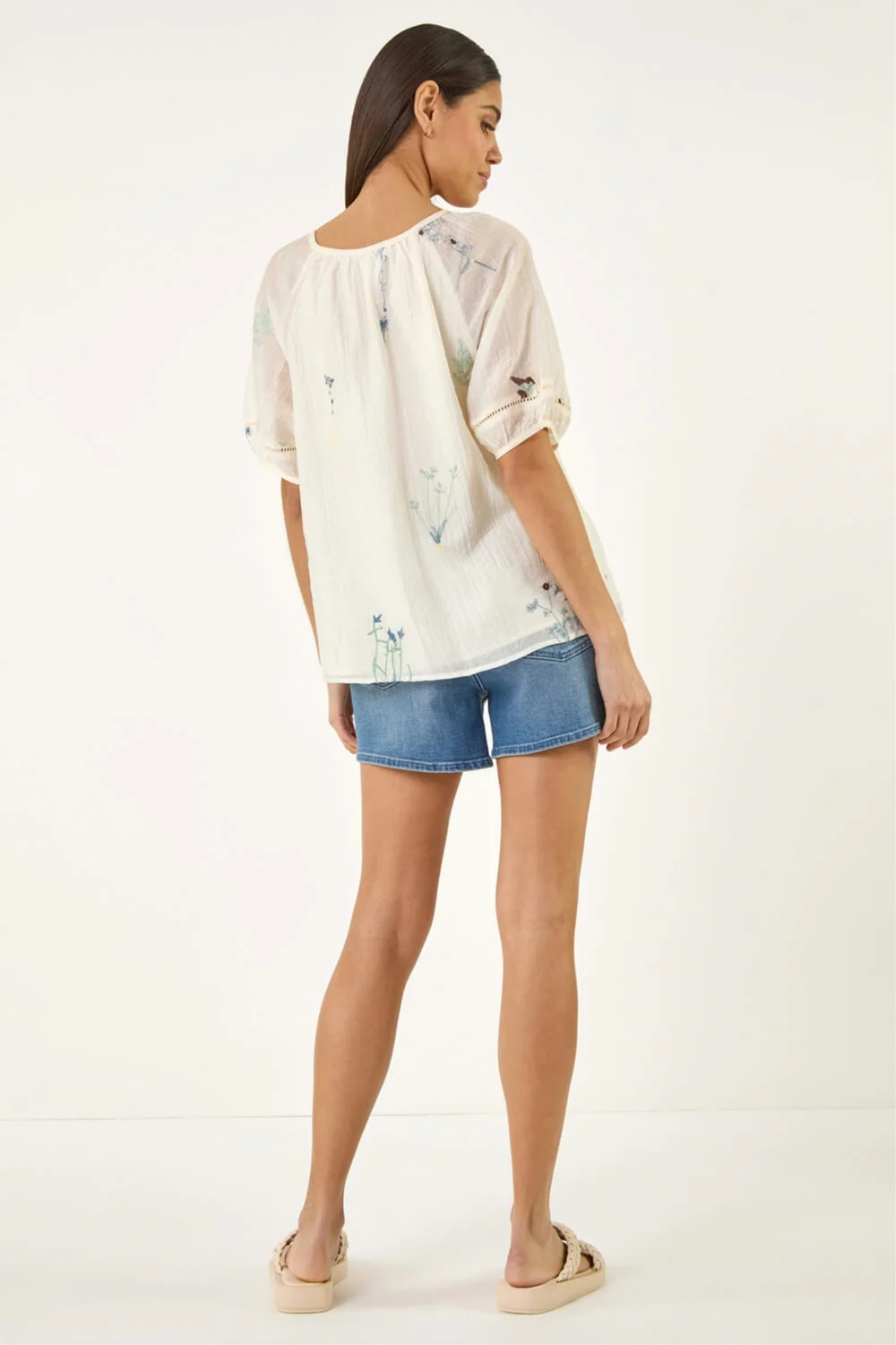 Roman White Botanical Embroidery Keyhole Top - 14 Image 3