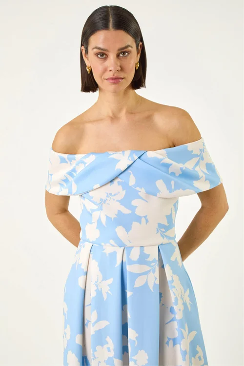 Roman Light Blue Floral Bardot Premium Stretch Midi Dress - 20 Image 4