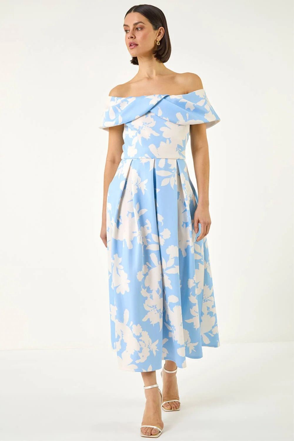 Roman Light Blue Floral Bardot Premium Stretch Midi Dress - 20 Image 1
