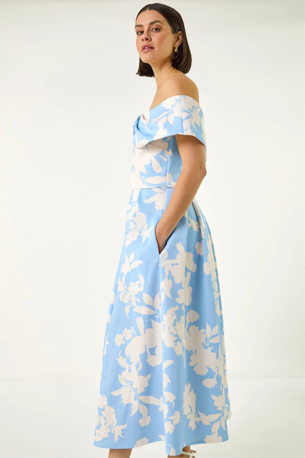 Roman Light Blue Floral Bardot Premium Stretch Midi Dress - 20 Image 2