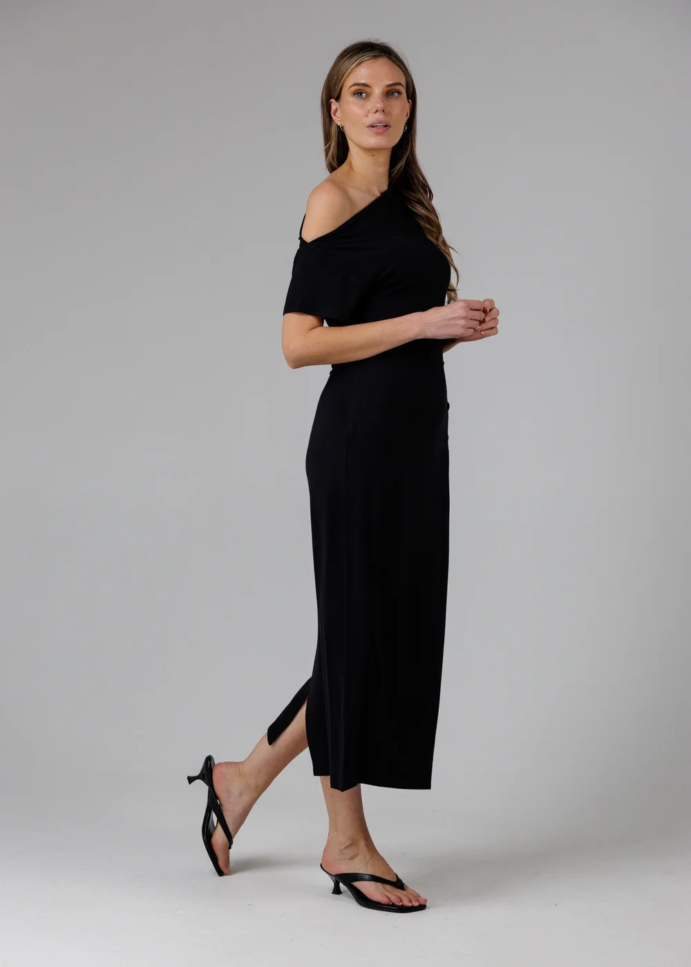 French Connection Black Ruched Boat Neck Short Sleeve Midi Dress - 16 Image 3