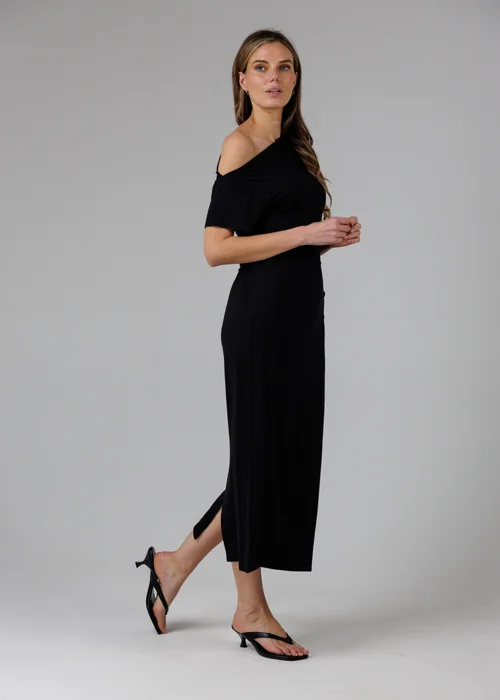 French Connection Black Ruched Boat Neck Short Sleeve Midi Dress - 16 Image 3