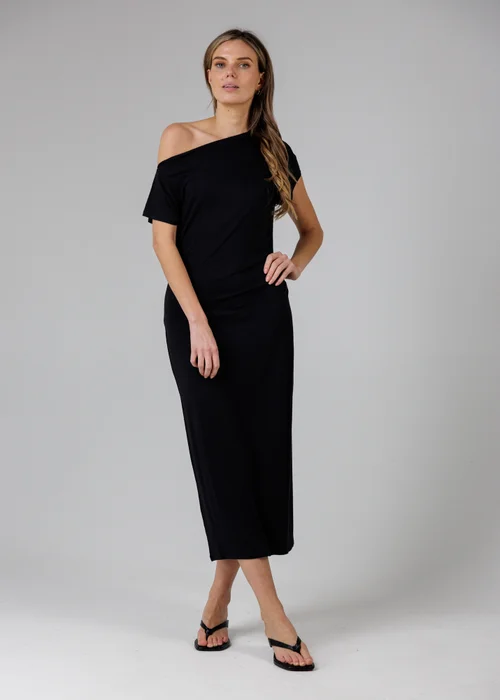 French Connection Black Ruched Boat Neck Short Sleeve Midi Dress - 16 Image 1