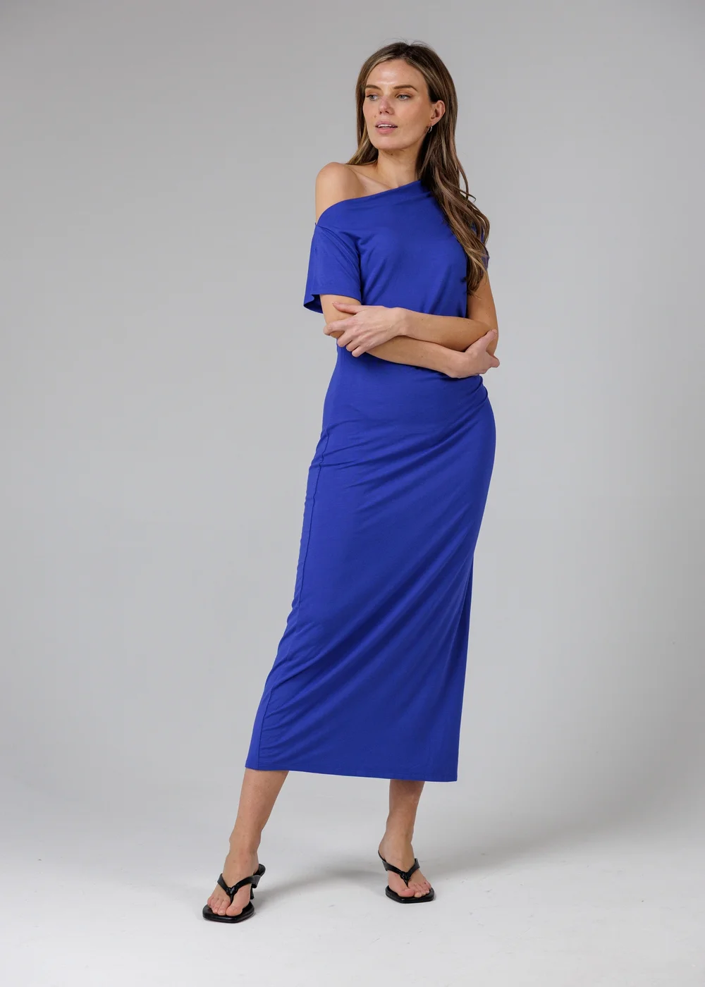 French Connection Blue Ruched Boat Neck Short Sleeve Midi Dress - 16 Image 1